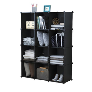 NNEAGS 4 Tier 12-Cube Black Portable Wardrobe Divide-Grid Modular Storage Organiser Foldable Closet