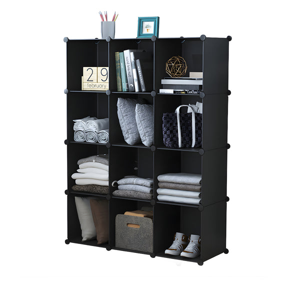 NNEAGS 4 Tier 12-Cube Black Portable Wardrobe Divide-Grid Modular Storage Organiser Foldable Closet