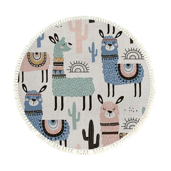 NNEAGS 120cm Alpaca Cactus Pattern Rug Desert Animals Non-Slip Round Area Rugs for Living Room Dining Room