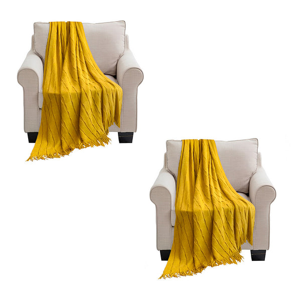NNEAGS 2X Mustard Textured Knitted Throw Blanket Warm Cozy Woven Cover Couch Bed Sofa Home Decor with Tassels
