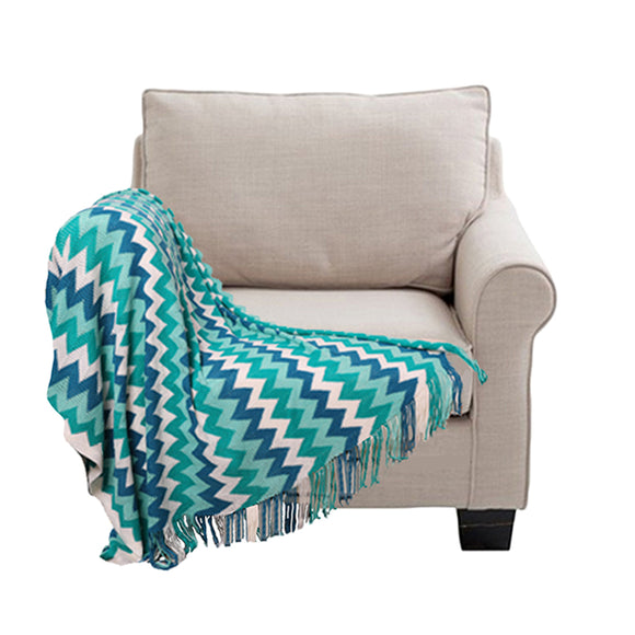 NNEAGS 220cm Blue Zigzag Striped Throw Blanket Acrylic Wave Knitted Fringed Woven Cover Couch Bed Sofa Home Decor