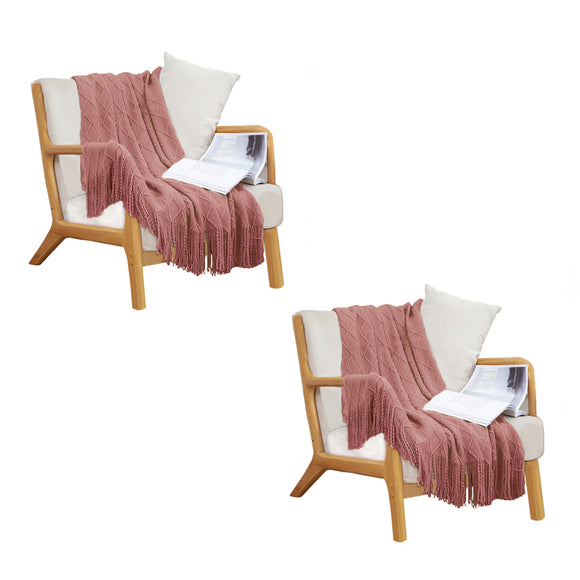 NNEAGS 2X  Pink Diamond Pattern Knitted Throw Blanket Warm Cozy Woven Cover Couch Bed Sofa Home Decor with Tassels