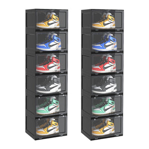NNEAGS 2X 6 Tier Black Portable Shoe Organiser Sneaker Footwear Folding Plastic Bin Stackable Storage Box with Magnetic Door