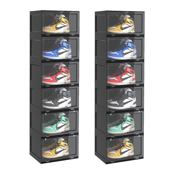 NNEAGS 2X 6 Tier Black Portable Shoe Organiser Sneaker Footwear Folding Plastic Bin Stackable Storage Box with Magnetic Door