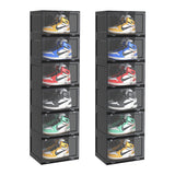 NNEAGS 2X 6 Tier Black Portable Shoe Organiser Sneaker Footwear Folding Plastic Bin Stackable Storage Box with Magnetic Door