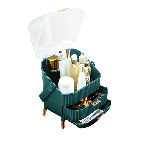 NNEAGS 29cm Green Countertop Makeup Cosmetic Storage Organiser Skincare Holder Jewelry Storage Box with Handle