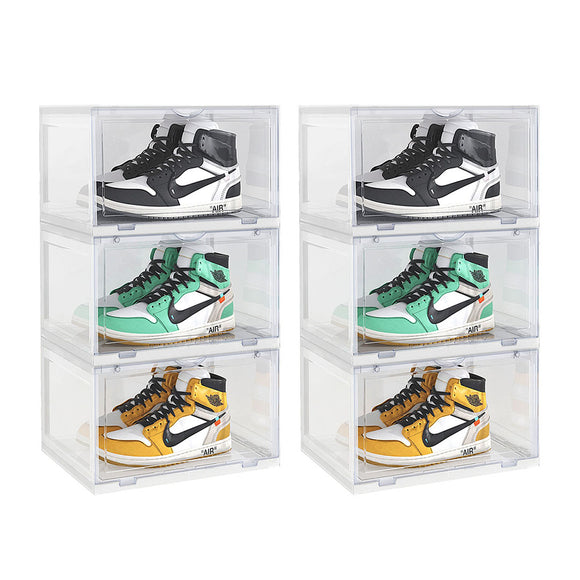 NNEAGS  2X 3 Tier Transparent Portable Shoe Organiser Sneaker Footwear Folding Plastic Bin Stackable Storage Box with Magnetic Door