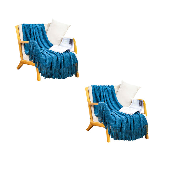 NNEAGS 2X Blue Diamond Pattern Knitted Throw Blanket Warm Cozy Woven Cover Couch Bed Sofa Home Decor with Tassels