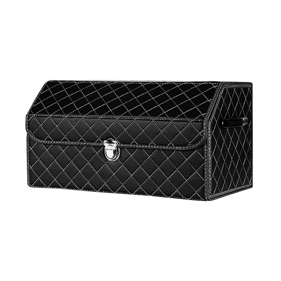 NNEAGS Leather Car Boot Collapsible Foldable Trunk Cargo Organizer Portable Storage Box Black/White Stitch with Lock Medium