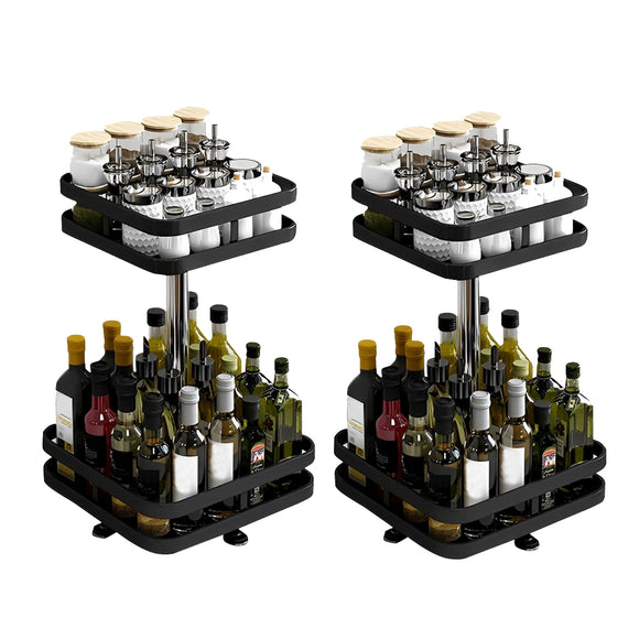 NNEAGS 2X 2 Tier Steel Black Square Rotating Multi-Function Kitchen Portable Storage Spice Seasoning Kitchen Countertop Organiser Shelf
