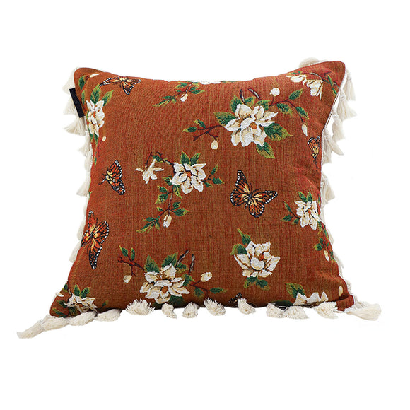 NNEAGS 45cm French Vintage Butterfly and Flower Tassel with Caramel Color Throw Pillow