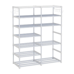 NNEAGS 12-Shelf Tier Shoe Storage Shelf Space-Saving Caddy Rack Organiser with Side Hooks White