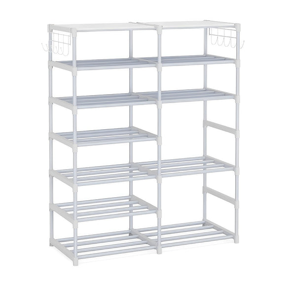 NNEAGS 12-Shelf Tier Shoe Storage Shelf Space-Saving Caddy Rack Organiser with Side Hooks White