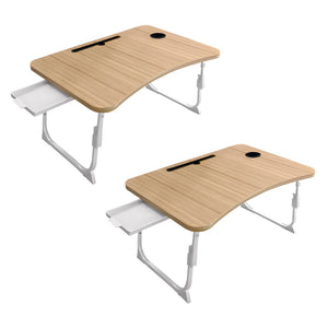 NNEAGS 2X Oak Portable Bed Table Adjustable Folding Mini Desk Stand With Cup-Holder Home Decor