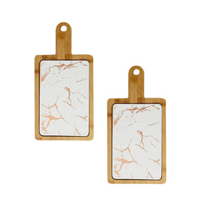 NNEAGS 2X 33.5cm White Square Wooden Serving Tray Slate Steak Serving Platter Chopping Board Paddle Home Decor