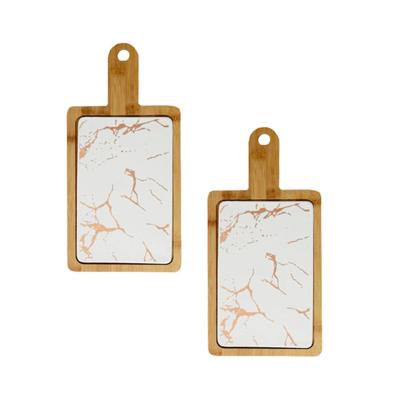 NNEAGS 2X 33.5cm White Square Wooden Serving Tray Slate Steak Serving Platter Chopping Board Paddle Home Decor