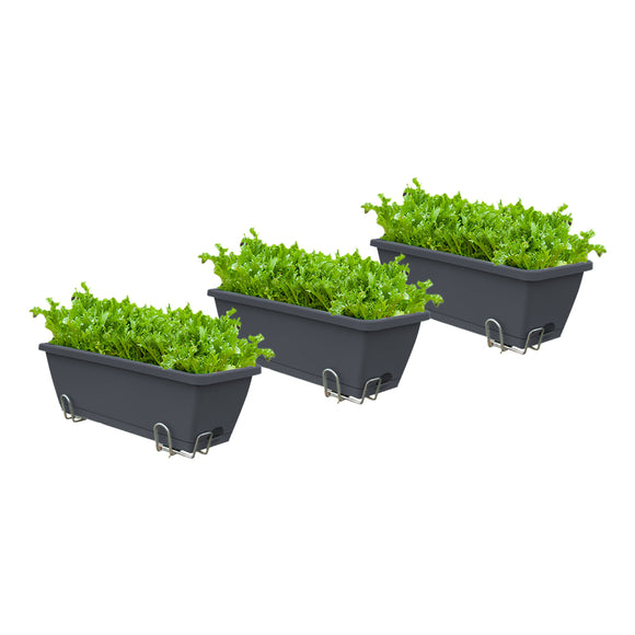 NNEAGS 49.5cm Black Rectangular Planter Vegetable Herb Flower Outdoor Plastic Box with Holder Balcony Garden Decor Set of 3