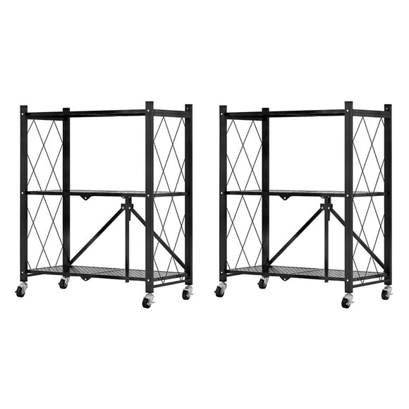 NNEAGS 2X 3 Tier Steel Black Foldable Kitchen Cart Multi-Functional Shelves Portable Storage Organizer with Wheels