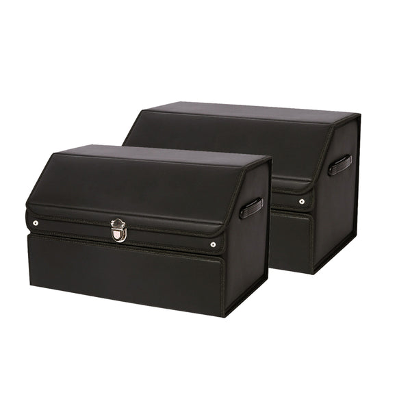 NNEAGS 2X 56cm Leather Car Boot Collapsible Foldable Trunk Cargo Organizer Portable Storage Box with Lock Black