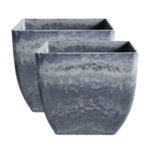 NNEAGS 2X 27cm Weathered Grey Square Resin Plant Flower Pot in Cement Pattern Planter Cachepot for Indoor Home Office