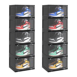 NNEAGS 2X 5 Tier Black Portable Shoe Organiser Sneaker Footwear Folding Plastic Bin Stackable Storage Box with Magnetic Door