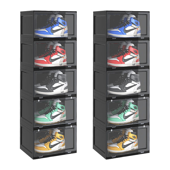NNEAGS 2X 5 Tier Black Portable Shoe Organiser Sneaker Footwear Folding Plastic Bin Stackable Storage Box with Magnetic Door