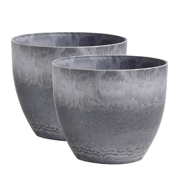 NNEAGS 2X 32cm Weathered Grey Round Resin Plant Flower Pot in Cement Pattern Planter Cachepot for Indoor Home Office