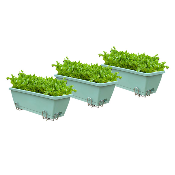 NNEAGS 49.5cm Green Rectangular Planter Vegetable Herb Flower Outdoor Plastic Box with Holder Balcony Garden Decor Set of 3