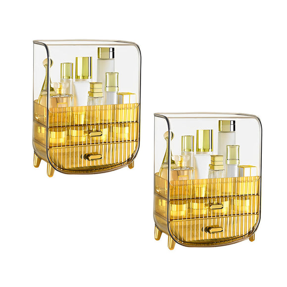 NNEAGS 2X 3 Tier Golden Yellow Multifunctional Countertop Cosmetic Storage Makeup Perfume Skincare Display Stand Shelf Drawer Type Organiser