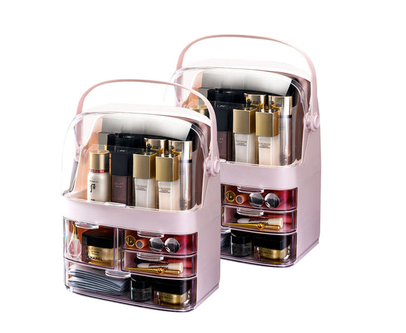NNEAGS 2X 3 Tier Pink Countertop Makeup Cosmetic Storage Organiser Skincare Holder Jewelry Storage Box with Handle