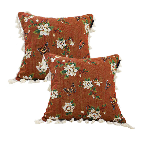 NNEAGS 2X 45cm French Vintage Butterfly and Flower Tassel with Caramel Color Throw Pillow