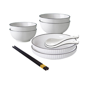 NNEAGS White Japanese Style Ceramic Dinnerware Crockery Soup Bowl Plate Server Kitchen Home Decor Set of 6