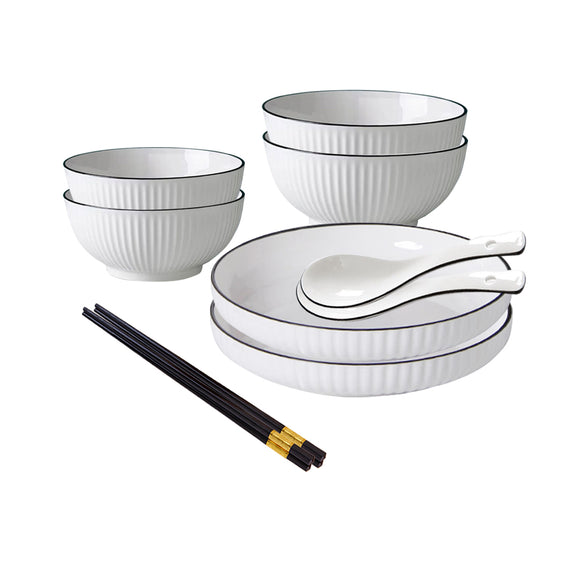 NNEAGS White Japanese Style Ceramic Dinnerware Crockery Soup Bowl Plate Server Kitchen Home Decor Set of 6