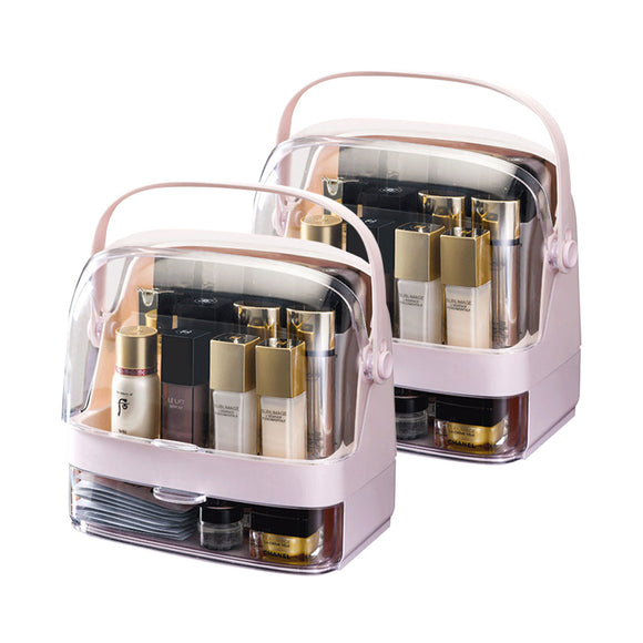 NNEAGS 2X 2 Tier Pink Countertop Makeup Cosmetic Storage Organiser Skincare Holder Jewelry Storage Box with Handle