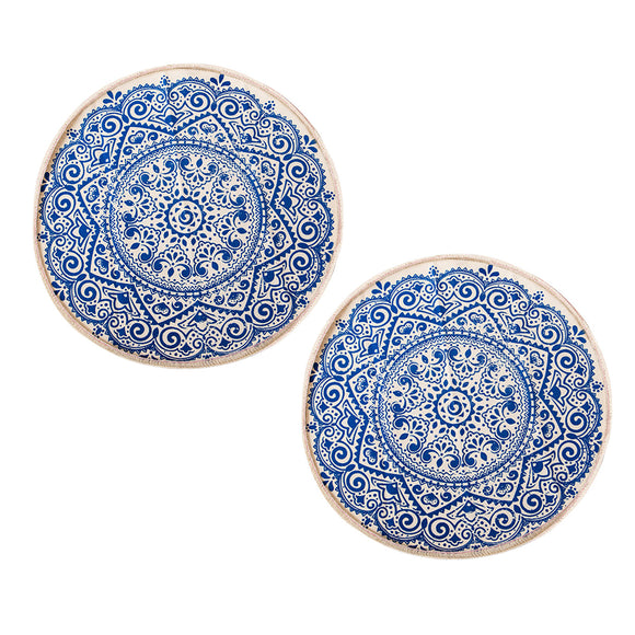 NNEAGS 2X Blue Carpet Soft Linen Bohemian Non-Slip Floor Retro Minimalist Round Rug Home Decor with Tassels