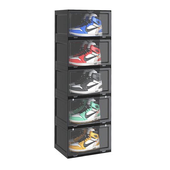 NNEAGS 5 Tier Black Portable Shoe Organiser Sneaker Footwear Folding Plastic Bin Stackable Storage Box with Magnetic Door