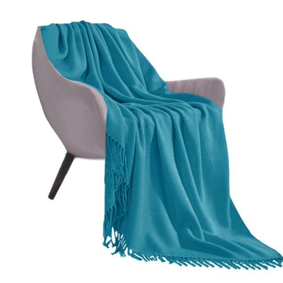NNEAGS Blue Acrylic Knitted Throw Blanket Solid Fringed Warm Cozy Woven Cover Couch Bed Sofa Home Decor