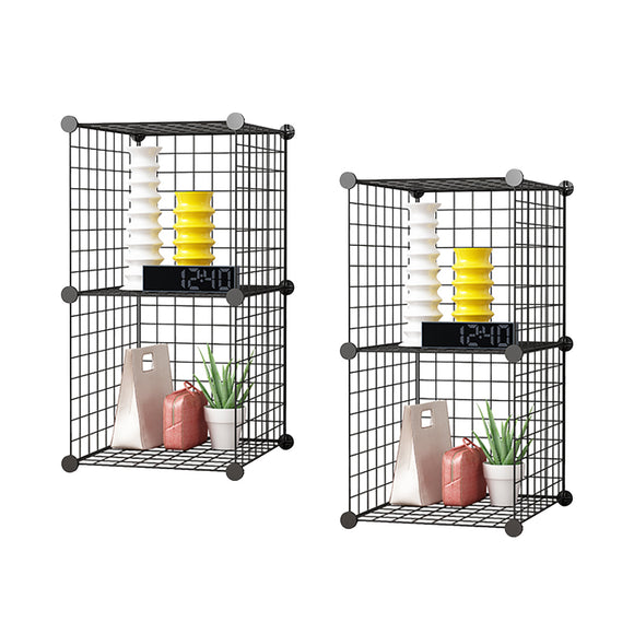NNEAGS 2X Black Portable 2 Tier Cube Storage Organiser Foldable DIY Modular Grid Space Saving Shelf