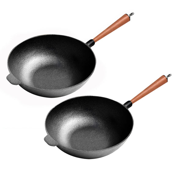 NNEAGS 2X 31cm Commercial Cast Iron Wok Round Bottom FryPan Home Cooking Skillet