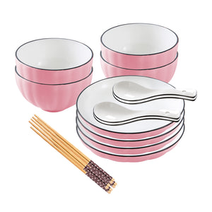 NNEAGS Pink Japanese Style Ceramic Dinnerware Crockery Soup Bowl Plate Server Kitchen Home Decor Set of 8