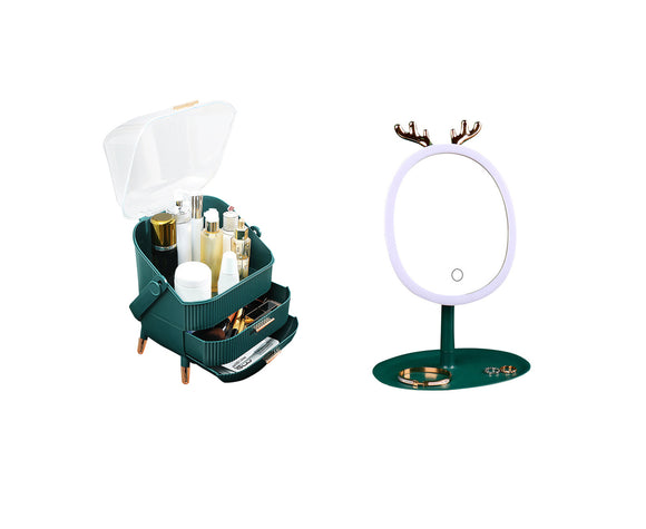 NNEAGS Green Cosmetic Jewelry Storage Organiser with Antler LED Light Mirror Tabletop Vanity Set