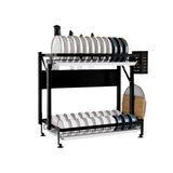 NNEAGS 2 Tier Steel Black Kitchen Countertop Drying Dish Rack Plate Cutlery Cutting Board Holder Dish Drainer Kitchen Organiser