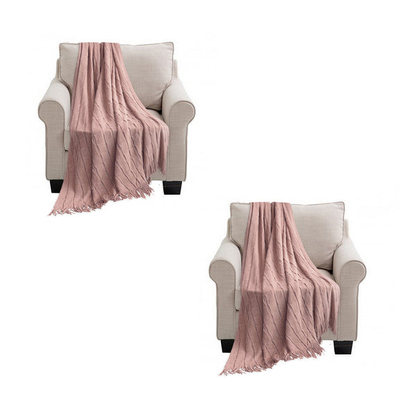 NNEAGS 2X Pink Textured Knitted Throw Blanket Warm Cozy Woven Cover Couch Bed Sofa Home Decor with Tassels