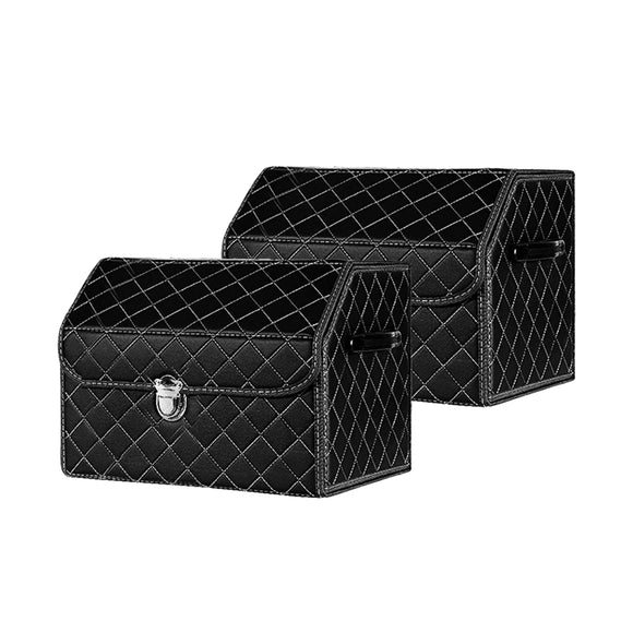 NNEAGS 2X Leather Car Boot Collapsible Foldable Trunk Cargo Organizer Portable Storage Box Black/White Stitch with Lock Small