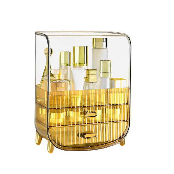 NNEAGS 3 Tier Golden Yellow Multifunctional Countertop Cosmetic Storage Makeup Perfume Skincare Display Stand Shelf Drawer Type Organiser