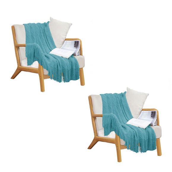 NNEAGS 2X Teal Diamond Pattern Knitted Throw Blanket Warm Cozy Woven Cover Couch Bed Sofa Home Decor with Tassels