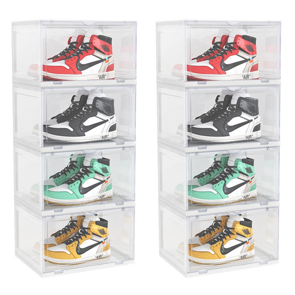 NNEAGS 2X 4 Tier Transparent Portable Shoe Organiser Sneaker Footwear Folding Plastic Bin Stackable Storage Box with Magnetic Door