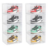 NNEAGS 2X 4 Tier Transparent Portable Shoe Organiser Sneaker Footwear Folding Plastic Bin Stackable Storage Box with Magnetic Door
