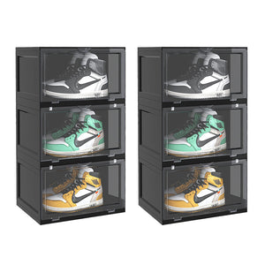NNEAGS 2X 3 Tier Black Portable Shoe Organiser Sneaker Footwear Folding Plastic Bin Stackable Storage Box with Magnetic Door