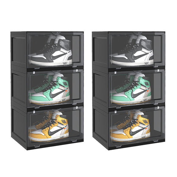 NNEAGS 2X 3 Tier Black Portable Shoe Organiser Sneaker Footwear Folding Plastic Bin Stackable Storage Box with Magnetic Door